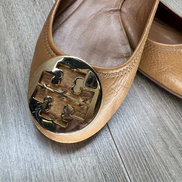Tory Burch Reva Ballet Flats Womens 8.5M Gold Logo Slip On Pebbled Leather Brown - Picture 13 of 13